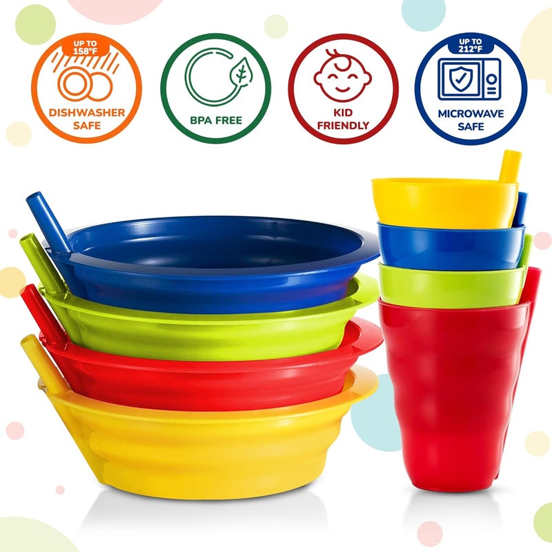 PLASKIDY Cereal Bowls with Straws & Kids Straw Cups - Set of 4 Kids Plastic Bowls with Straws & 4 Straw Cups for Kids BPA Free Dishwasher Safe Kids Bowls with Built-In Straw Include 3 Cleaning Brushes - Image 1